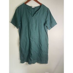 PureJill Garment Dyed Linen Dark Teal Shift Tunic Dress V- Neck Size S Lagenlook
